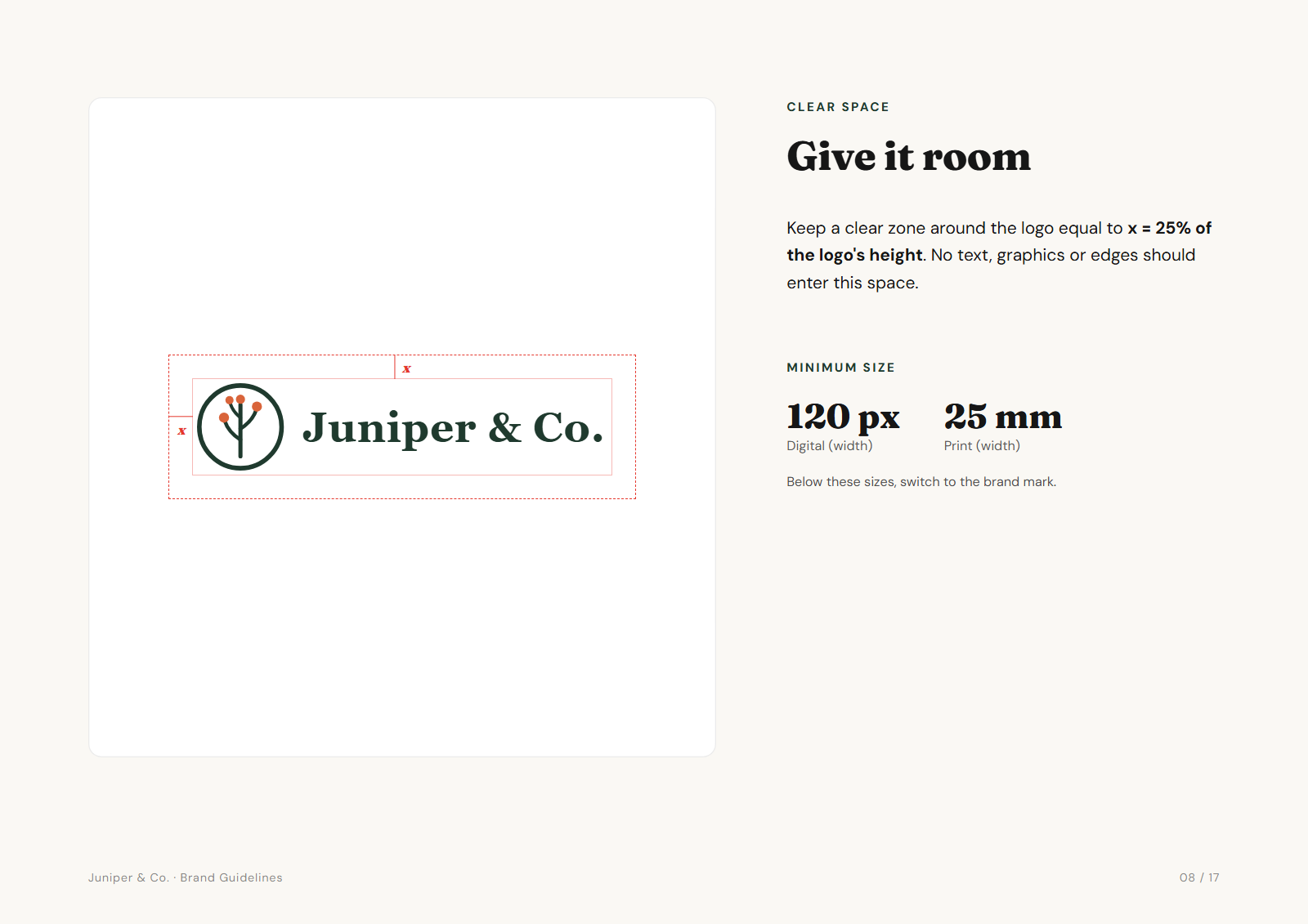 Guidelines page showing logo clear space and minimum size rules