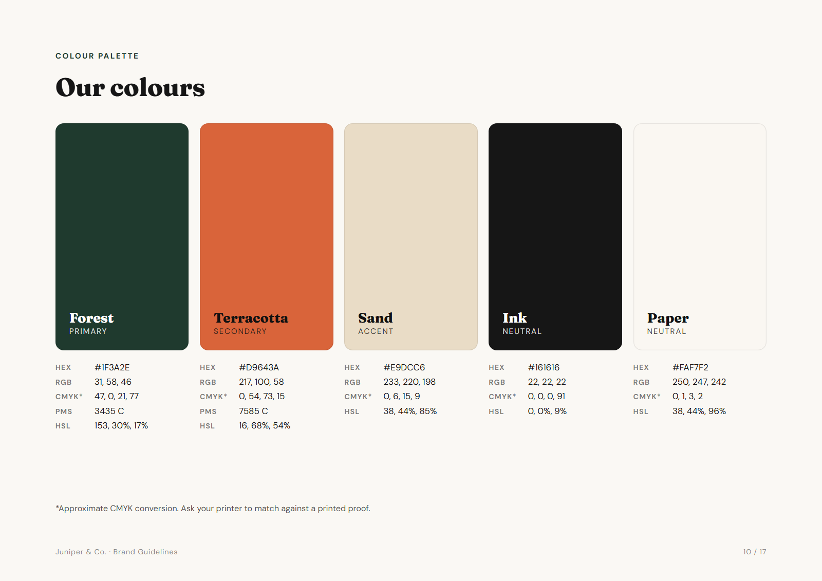 Guidelines page showing the colour palette with HEX, RGB, CMYK and HSL values